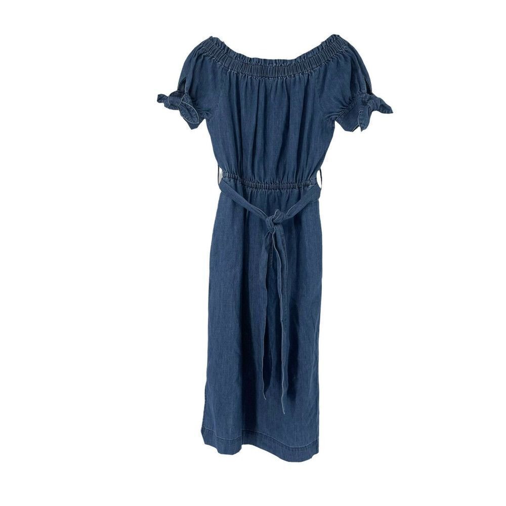 J Crew Off The Shoulder Chambray Midi Dress Blue Belted Size 00 NEW Preppy Boho